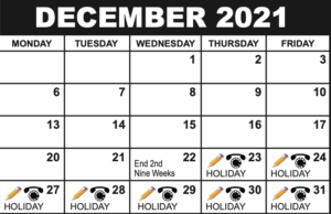 A screenshot of the School Districts calendar for the month of December. 