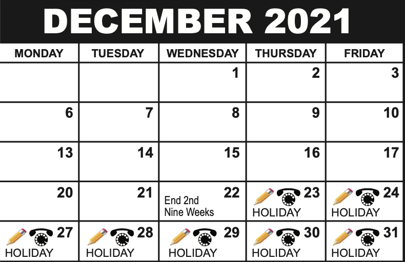 A screenshot of the School District's calendar for the month of December. 