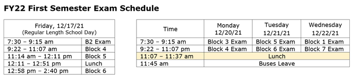 The semester one exam schedule for the 2021-2022 school year. 