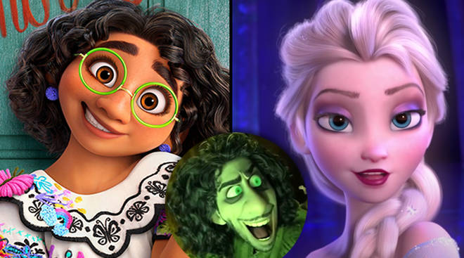 Mirabel+Madrigal+and+Bruno+Madrigal+from+Disneys+Encanto+are+pictured+next+to+the+movie+studios+Princess+Elsa+from+Frozen.+