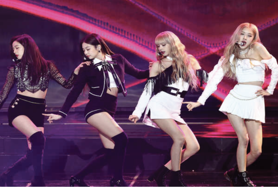 The members of Blackpink performing, Lisa and Rosé are the last two on the right.                                                           