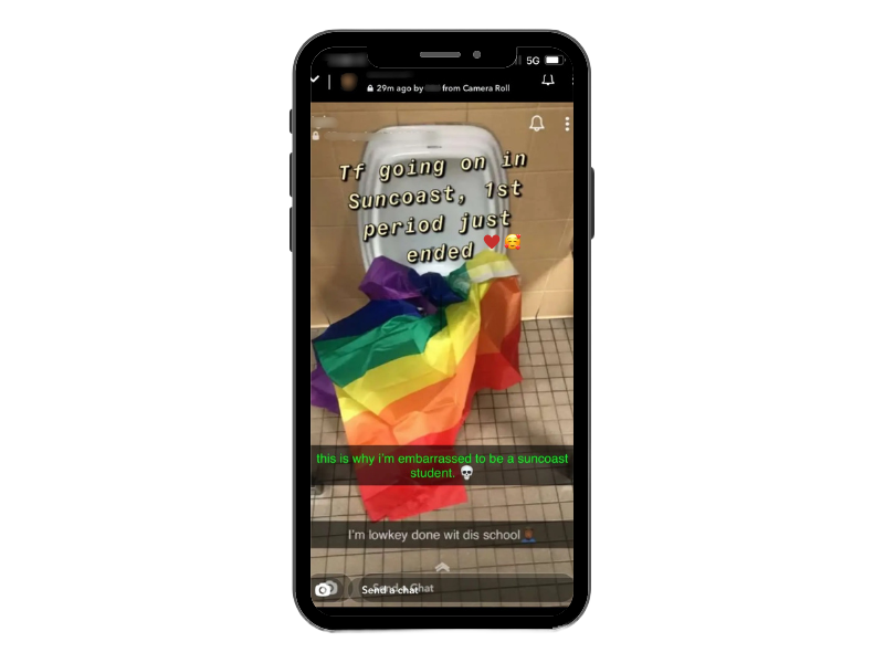 A screenshot of the Snapchat post which
shows the pride flag in a urinal and students’ captions.